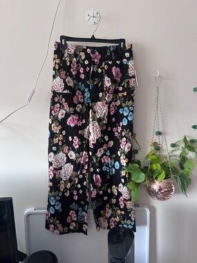 Anthropologie Black Floral Wide-Leg Pants with Pink, Cream & Blue Blooms